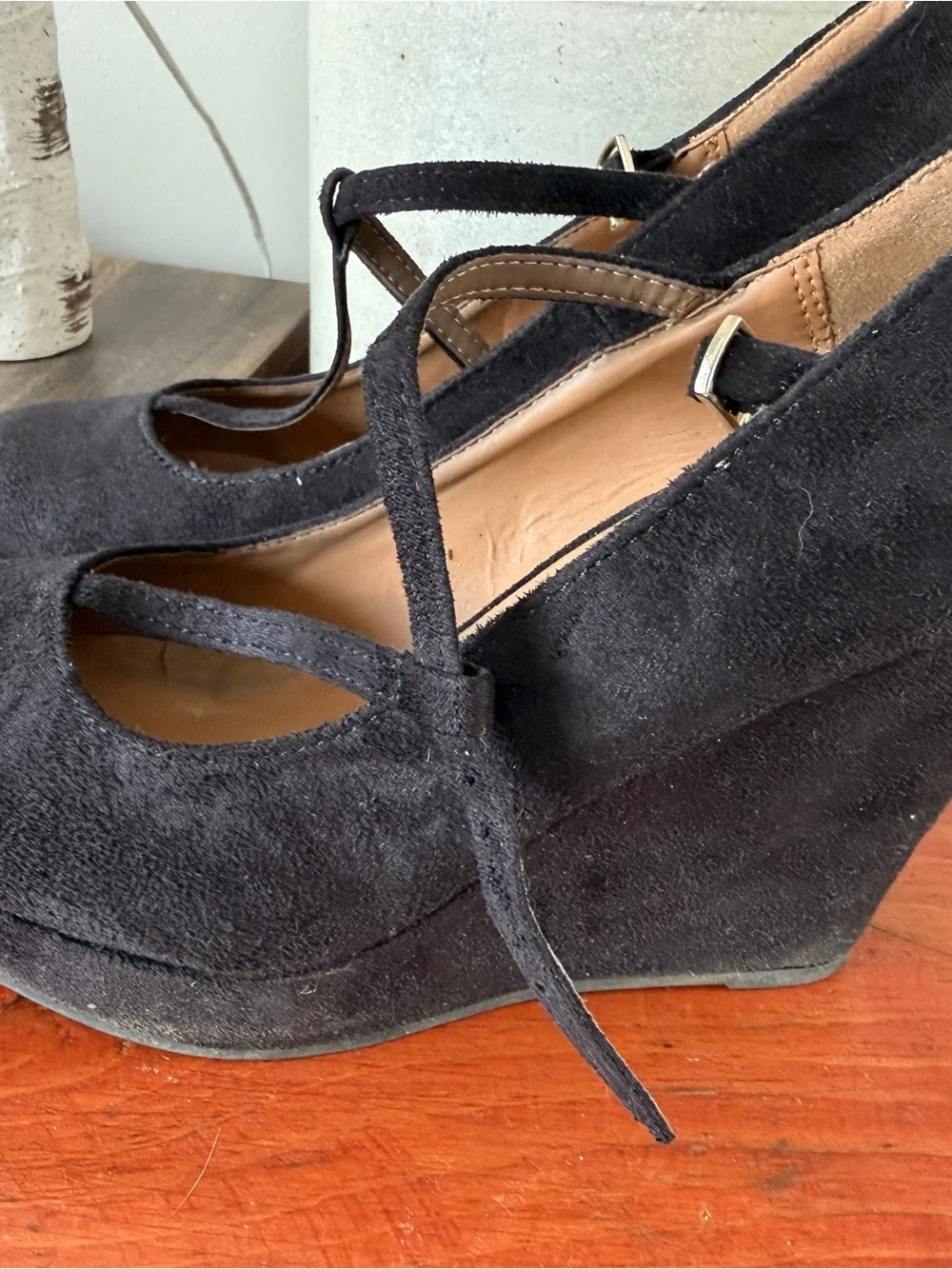 Black Suede Wedge Mary Jane Shoes with Ankle Straps